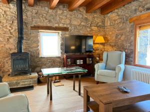 a living room with a stone wall and a wood stove at Borda del Llano in Bielsa