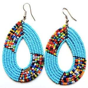 a pair of turquoise bead earrings with colorful beads at Mabegi african Designs in Arusha