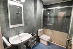 a bathroom with a sink and a toilet and a shower at Tres Coronas in Olite +13 photos
