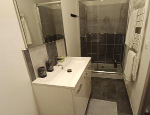 a white bathroom with a sink and a shower at Le Havre de Sauge in Imphy +11 photos