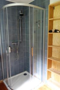 a shower with a glass enclosure in a bathroom at Ferienhaus Malepartus Sächsische Schweiz in Bad Gottleuba +51 photos