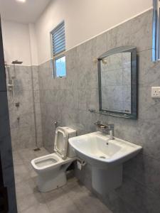 a bathroom with a sink and a toilet and a mirror at River Breeze Villa in Nikawatawana +20 photos