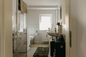 a bathroom with a sink and a toilet at Komfortables Apartment nahe Weimar in Umpferstedt +20 photos