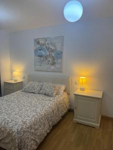 a bedroom with a bed and two night stands with lamps at Relájate en Ramales de la Victoria, apartamento con piscina y parking in Ramales de la Victoria