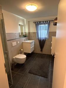 a bathroom with a toilet and a sink at Ferienwohnung im Hasenwieschen in Kaisersesch +6 photos