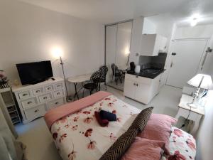 a bedroom with a bed and a kitchen with a table at Studio idéal cure ou séjour escapade in Balaruc-les-Bains
