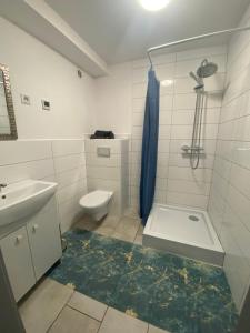 a bathroom with a toilet and a shower and a sink at Stary Młyn in Glinik +48 photos