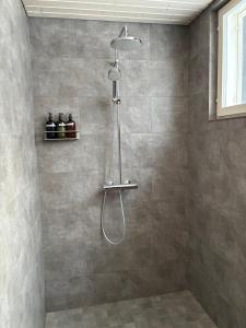a shower with a shower head in a bathroom at Room with sauna and jacuzzi in Siilinjärvi +9 photos