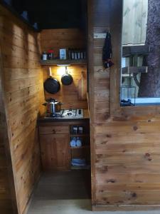 a small kitchen with wooden walls and a stove at Gluba Treetop Cabins Elgposten in Harkmark +25 photos