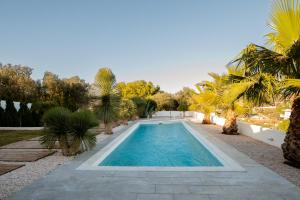 a swimming pool in a garden with palm trees at Villa Tata - Private Pool, Garden & Mountain View near the Sea in Metókhi