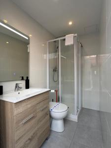 a bathroom with a toilet and a shower and a sink at Casa Alan in Burriana
