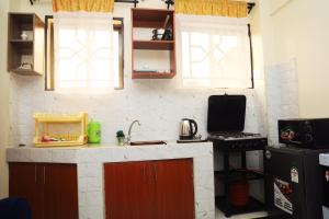 a kitchen with a sink and a stove and two windows at PALISADES homes in Voi