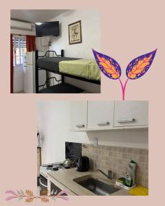 a kitchen with a sink and a bed with wings on the wall at Helenita in Villa Mercedes +9 photos