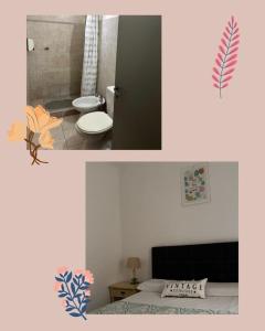 two pictures of a bedroom with a bed and a bathroom at Helenita in Villa Mercedes