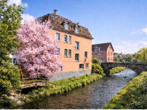a bridge over a river with a building and a tree at Murgtalhouse Ferienwohnungen in Murg