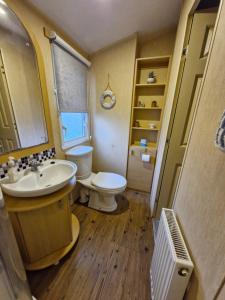 a bathroom with a sink and a toilet in it at Ocean Front Lodge in Hartlepool +13 photos
