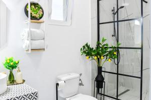 a bathroom with a toilet and a glass shower at Vila Manuela Techirghiol in Techirghiol +7 photos