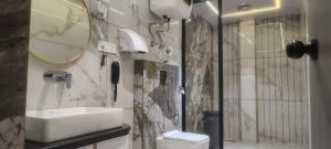 a bathroom with a sink and a toilet and a mirror at Hotel Crystal Sarovar in Mirzāpur +26 photos