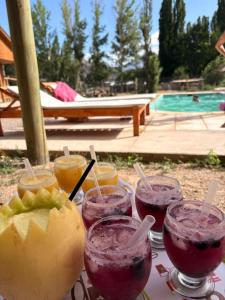 a table with several glasses of sangria and a pool at Cabañas El bosque DLM in Uspallata