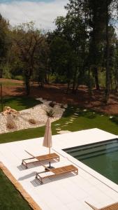 a swimming pool with two lounge chairs next to a yard at Quinta Sra do Carmo in Ferreira do Zêzere