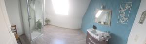 a bathroom with a sink and a shower and a mirror at Chambre proche circuit 24h du mans in Spay