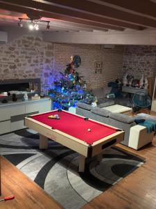 a living room with a pool table and a christmas tree at LA MEUTE in Mars-sur-Allier