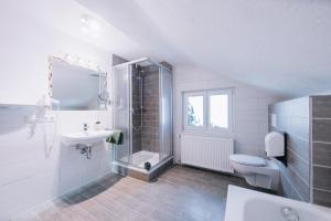 a bathroom with a shower and a toilet and a sink at Pension Bavaria in Mittenwald +62 photos