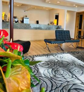 a lobby with a waiting room with a chair and a table at Hotel Germânia in Joinville