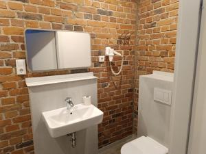 a bathroom with a sink and a toilet and a mirror at Kastanienhof Lübben in Lübben +27 photos