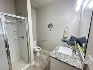 a bathroom with a shower and a sink and a toilet at Spacious Family Townhouse in Edmond