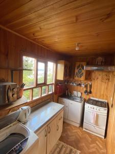 a kitchen with a stove and a sink in a cabin at Cabañas centro Quellón in Quellón