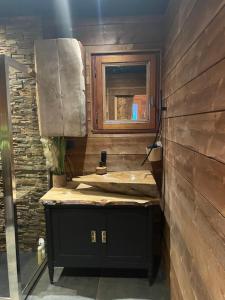 a bathroom with a bed and a mirror in a room at Auvers Wood lodge in Auvers-sur-Oise