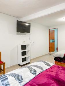 a bedroom with a bed with a tv on the wall at Ruby Grey Suite in Mineral de Angangueo