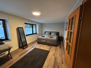 a bedroom with a bed and a mirror in it at Ferienwohnung Clemens in Nideggen