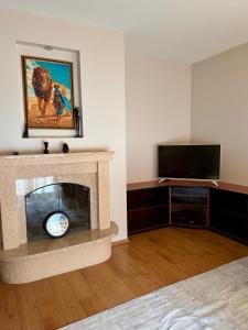 a living room with a fireplace and a tv at Saules home Jomas - early check in, late check out in Jūrmala