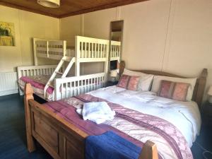 a bedroom with two bunk beds and a large bed at The Cosy Cabin in Swinford