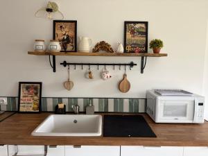 a kitchen with a sink and a microwave at Gîte les violettes in Lagny +15 photos