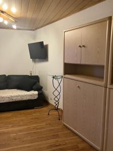 a living room with a couch and a cabinet at Rhöner Sternenhimmel FeWo 1 und 2 in Frankenheim