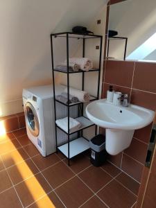 a bathroom with a washing machine next to a sink at Rooftop Apartment in Šamorín
