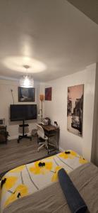 a bedroom with a bed and a flat screen tv at The Shinki House in Nottingham