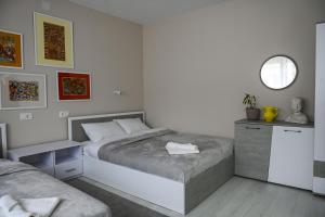 a bedroom with a large bed and a mirror at Solaris Apartment in Bitola