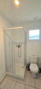 a bathroom with a shower and a toilet at Le pont T3 étoilé 2 chambres in Saint-Méloir-des-Ondes +20 photos