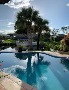 a swimming pool with palm trees in a resort at Sunshine house on the canal in North Fort Myers
