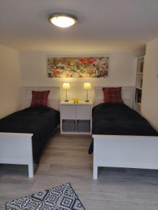 a bedroom with two beds and a painting on the wall at Haus-Salamander-mit-Sauna in Wildemann +27 photos