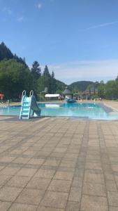 a blue chair sitting next to a swimming pool at Haus-Salamander-mit-Sauna in Wildemann
