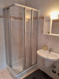 a bathroom with a shower and a sink at Ferienwohnung Springstein in Aue +24 photos