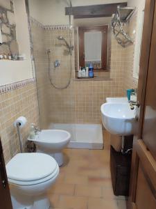 a bathroom with a toilet and a sink and a shower at LA BICO' in Pitigliano +11 photos