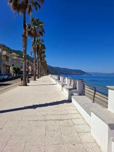 a sidewalk next to the ocean with palm trees at Mediterranean Sunset Veranda Bagnara in Bagnara Calabra
