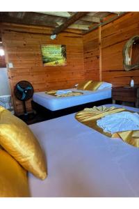 two beds in a room with wooden walls at Chiki luki in Playa Blanca +108 photos