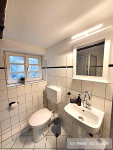 a white bathroom with a toilet and a sink at Anno 1577 - Marktkirchhof 6 in Quedlinburg +30 photos